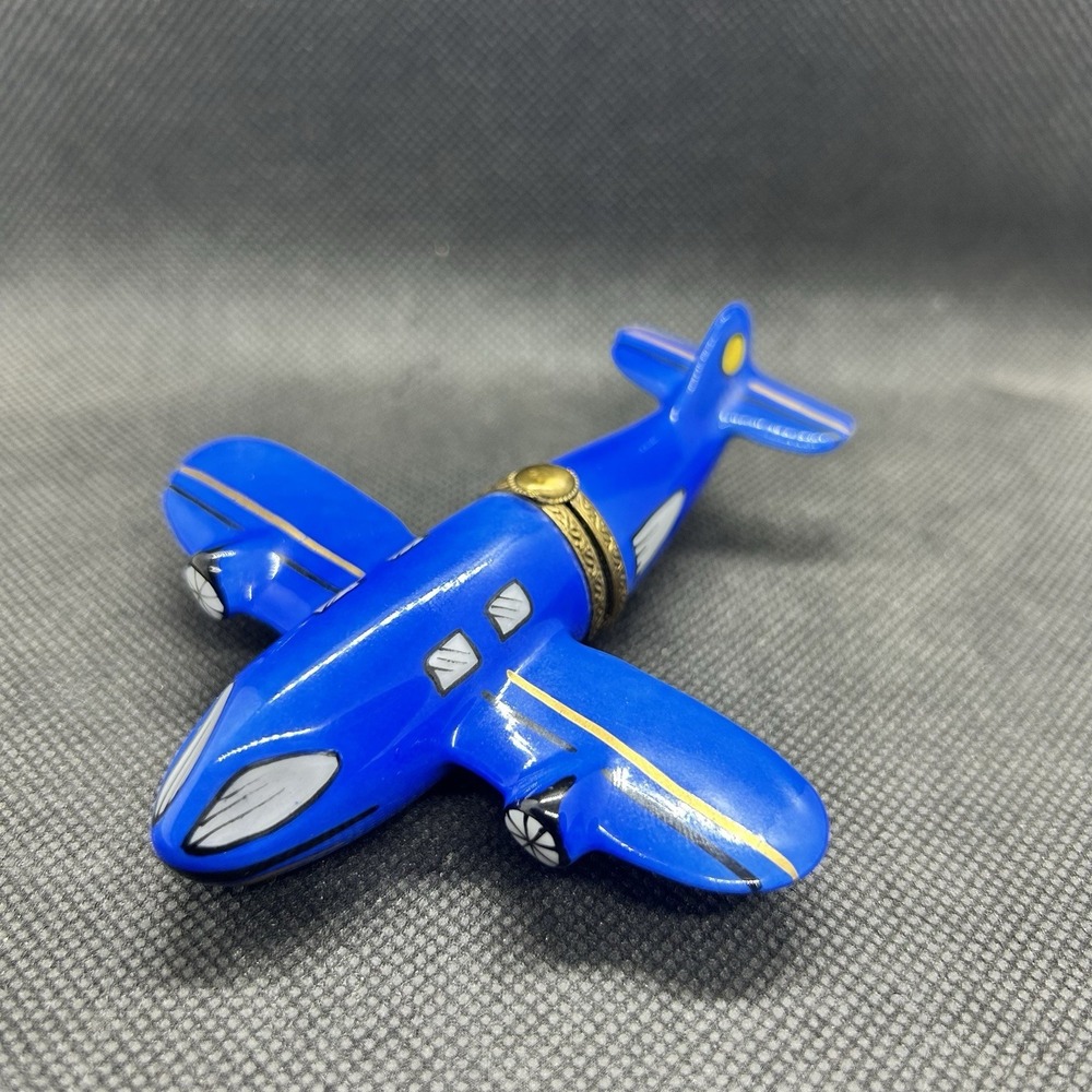 Limoges France Peint Main Blue Airplane Trinket Pill Box‎ 4" Aviation Aircraft